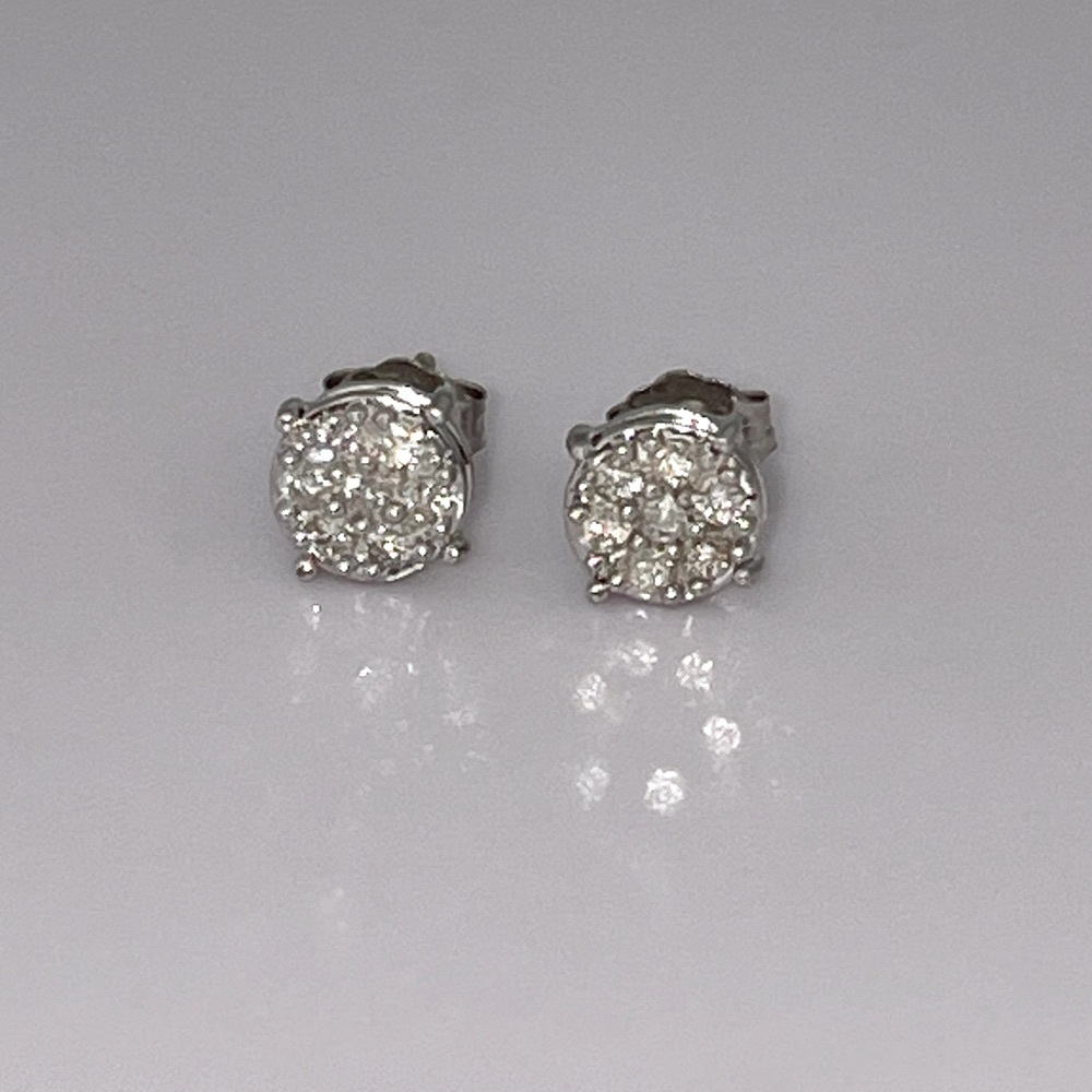 Natural Diamond Solid 14K White Gold Round Disc Cluster Stud Earrings Unisex
